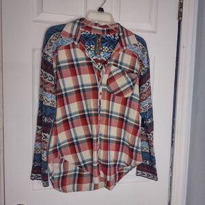 Aratta Silent Journey Plaid southwestern Button down Tunic Blouse Shirt flannel